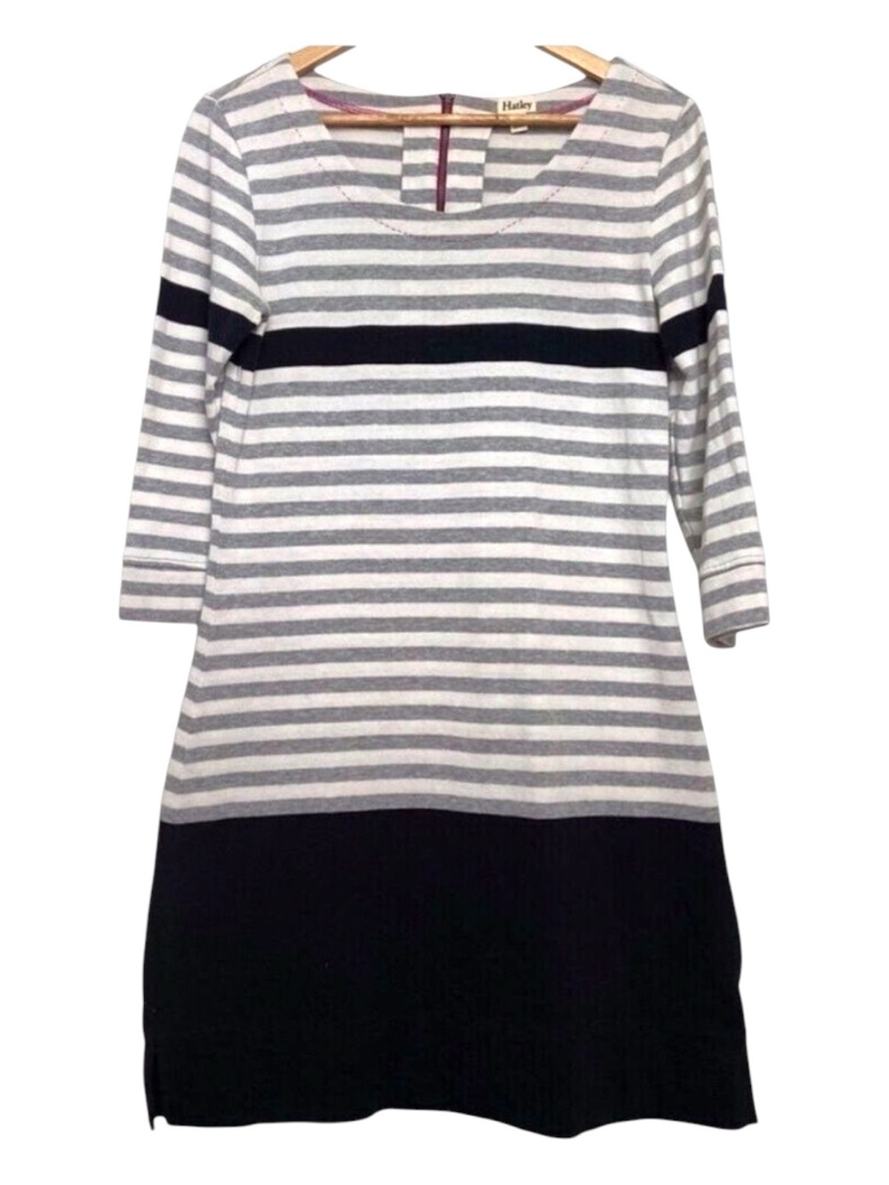 Hatley 100% cotton shift dress tunique striped grey white pink 3/4 sleeves